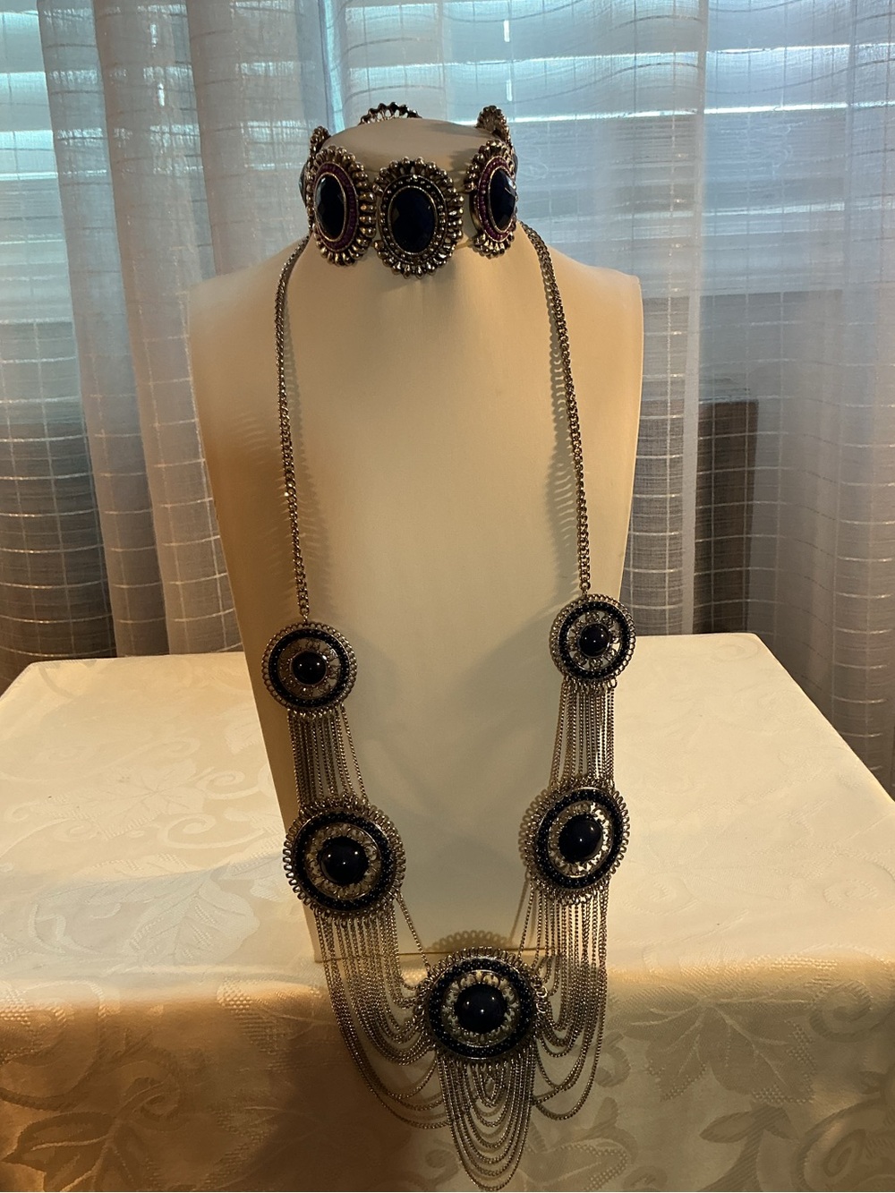 Cato Navy Blue Medallion Drape Silver Tone Necklace & Coordinated Stretch Bracel
